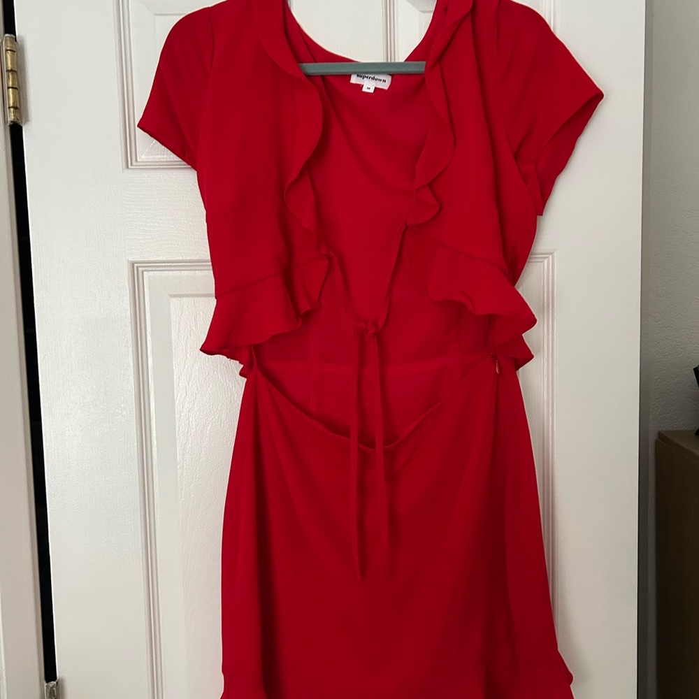 Red open front ruffle dress